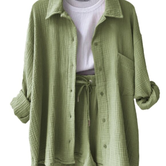 sunsetandshores Tops - E10 🌟 Gauze Button Front Long Sleeve Top & Short Set - Sage Green